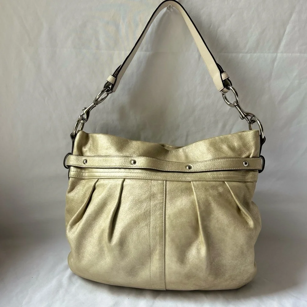COACH VTG Shimmer Metallic Gold Soft Pleated Goat Suede Belted Hobo Shoulder Bag